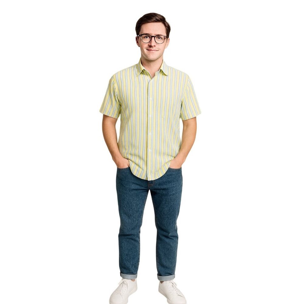 Turrau Men's Green Blue Striped Cotton Oxford Shirt Button-Down Short Sleeve L